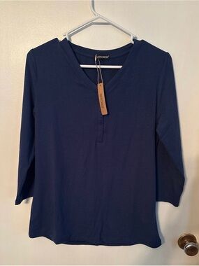 Women's Navy V-Neck Henley Long Sleeve Tee